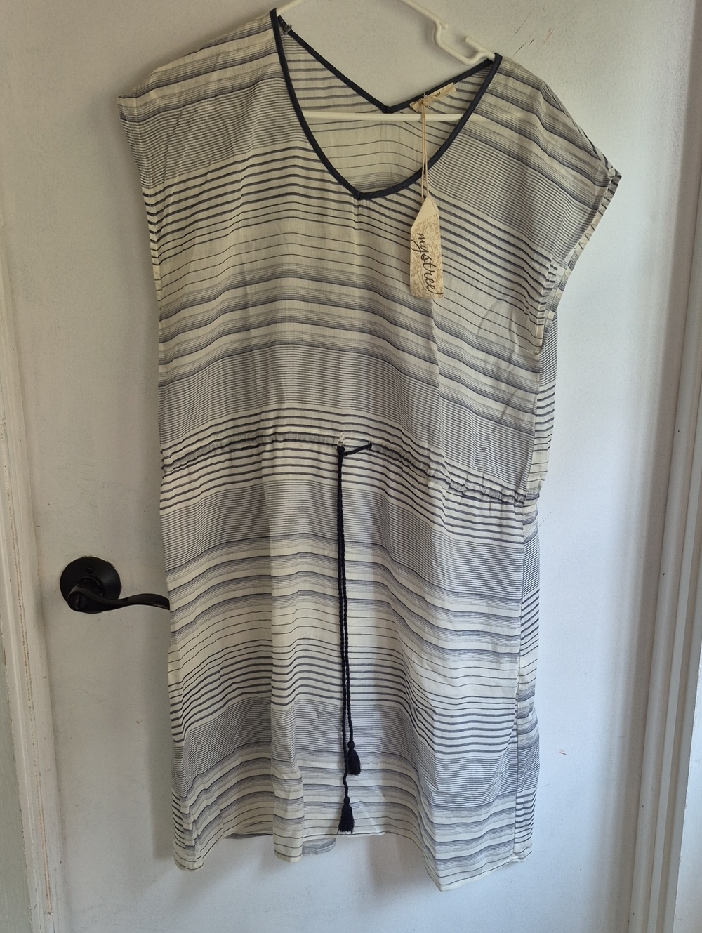 Mystree Ivory and Black Striped V-Neck Midi Dress